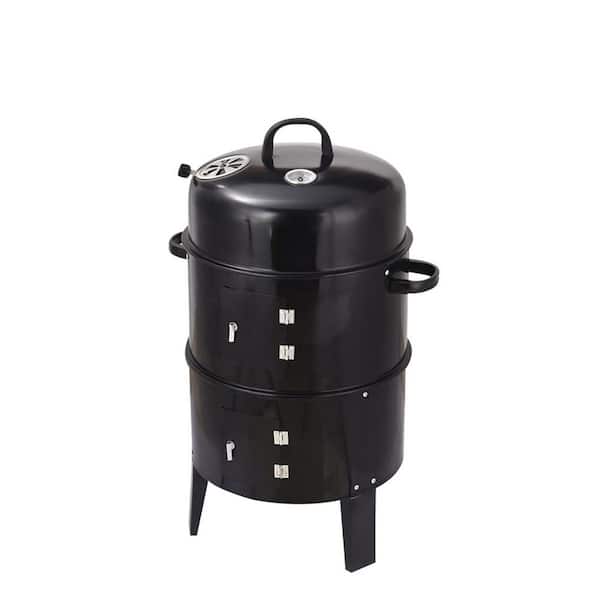 Portable Outdoor Double-Layer Charcoal Grill with Braising and Smoking Stove in Black