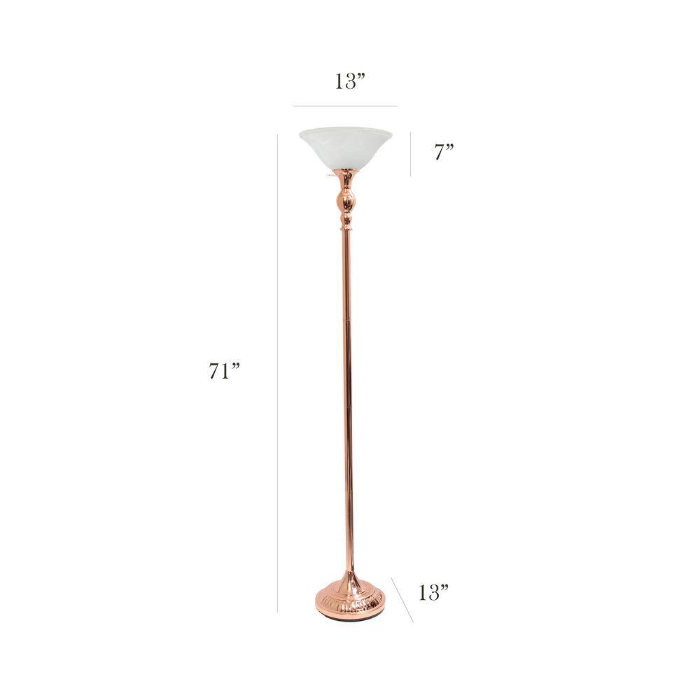 Elegant Rose Gold Torchiere Floor Lamp with Marbleized White Glass