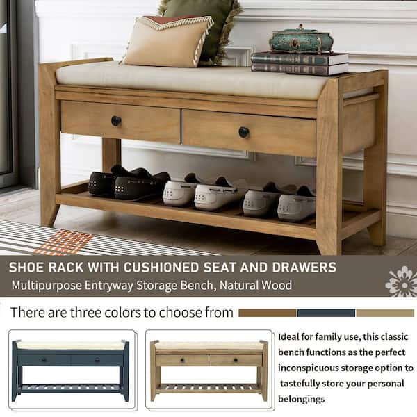 Harper & Bright Designs Entryway Brown Storage Bench with Cushioned Seat,  Drawers and Shoe Rack 19.8 in. H x 39 in. W x 14 in. D WF195386AAD - The  Home Depot