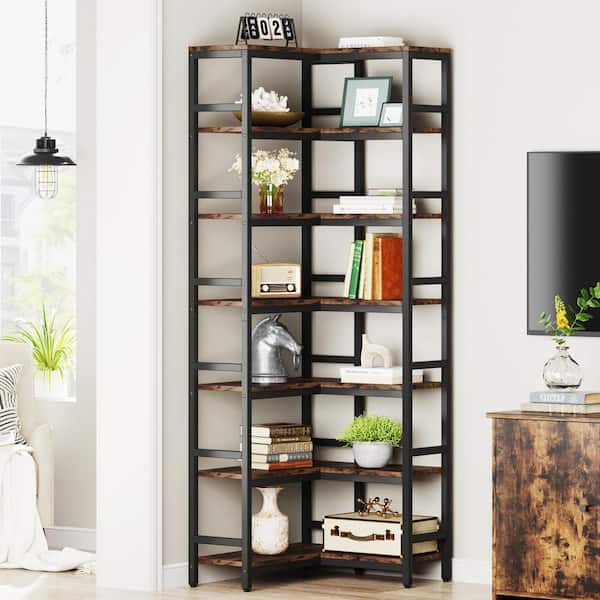 Eulas 78.7 in. Tall Brown and Black Engineered Wood 7-Shelf Etagere Bookcase with Open Shelves for Home Office