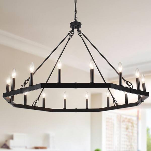 ADSENSTY 16-Light Black Farmhouse Polygon Wagon Wheel Chandelier