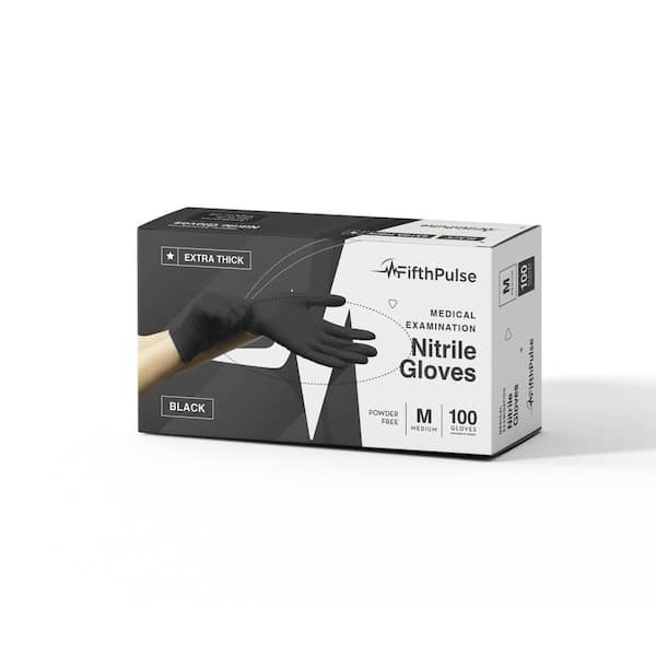 FifthPulse Medium Nitrile Exam Latex Free and Powder Free THICKER Gloves - (4 mil) in Black - Box of 100