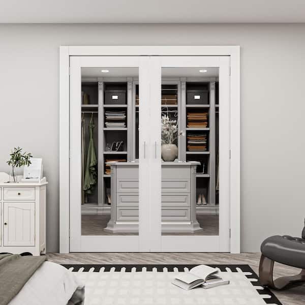 60 in. x 80 in. 1-Lite Clear Glass White Solid Core Wood French Door Without Jamb Interior Door Slab with Ball Catch