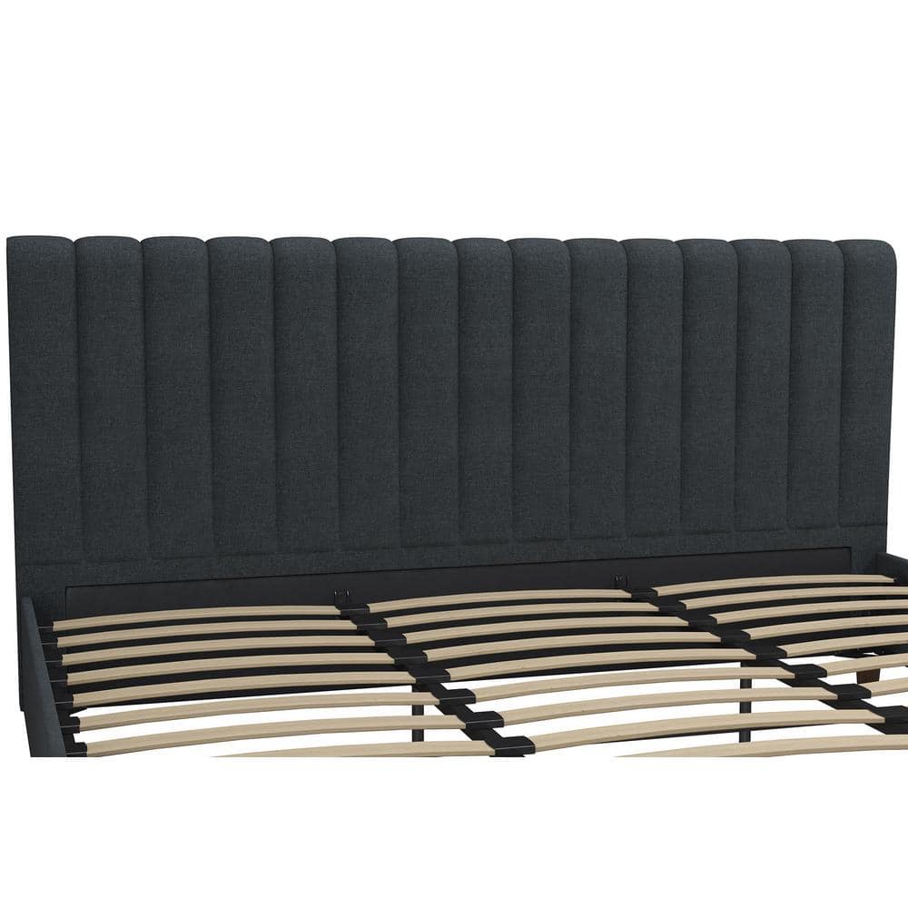 Brittany Blue Linen King Upholstered Platform Bed with Tufted Headboard