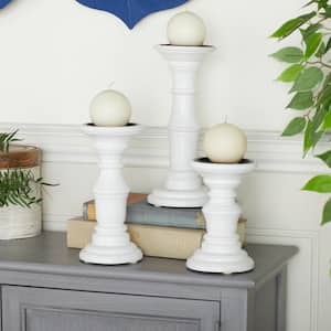 White Mango Wood Turned Style Pillar Candle Holder (Set of 3)