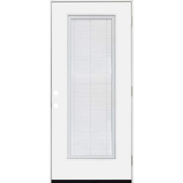 Steves & Sons Legacy 32 in. x 80 in. Left-Hand/Outswing Full Lite Clear Glass Mini-Blind White Primed Fiberglass Prehung Front Door