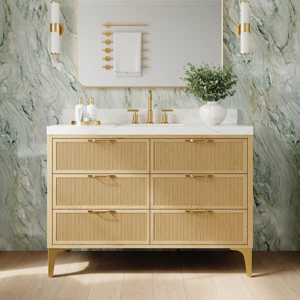 LYNOAK 48 in. Freestanding Solid Wood OAK Bath Vanity with White Calacatta Quartz Top, Soft Close Drawers, Assembled