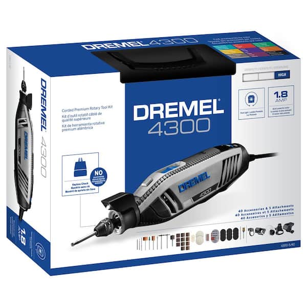 Omkreds valgfri længst Dremel 4300 Series 1.8 Amp Variable Speed Corded Rotary Tool Kit with Rotary  Tool WorkStation Stand and Drill Press 4300-5/40+22001 - The Home Depot