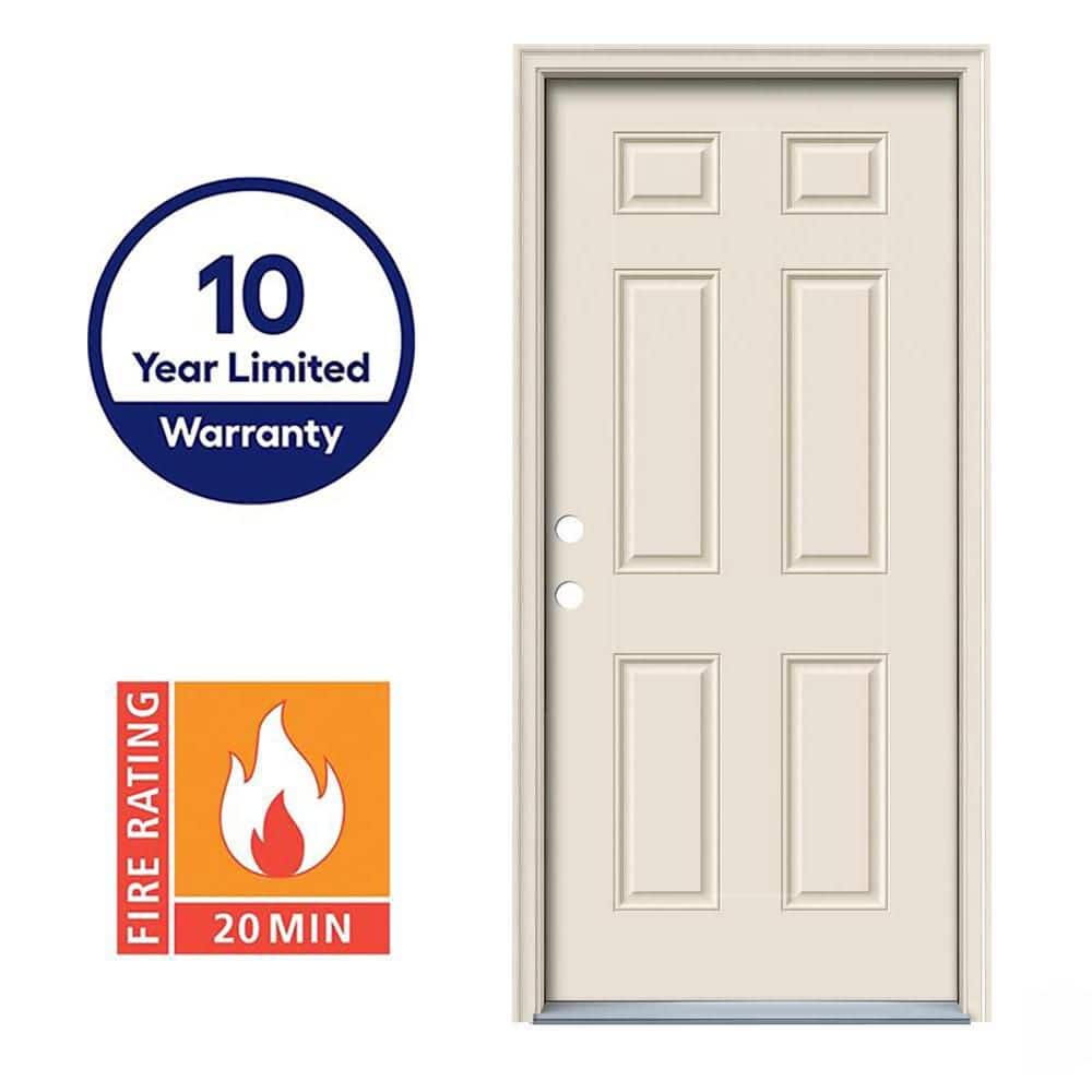 JELD-WEN - 32 in. x 80 in. 6-Panel Primed 20 Minute Fire Rated Steel Prehung Right-Hand Inswing Front Door with Brickmould