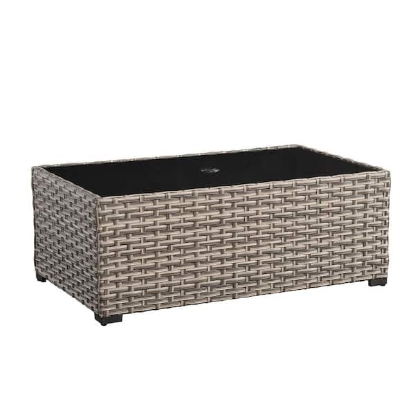 Sophie Rectangular Gray Wicker Outdoor Patio with Umbrella Hole Table