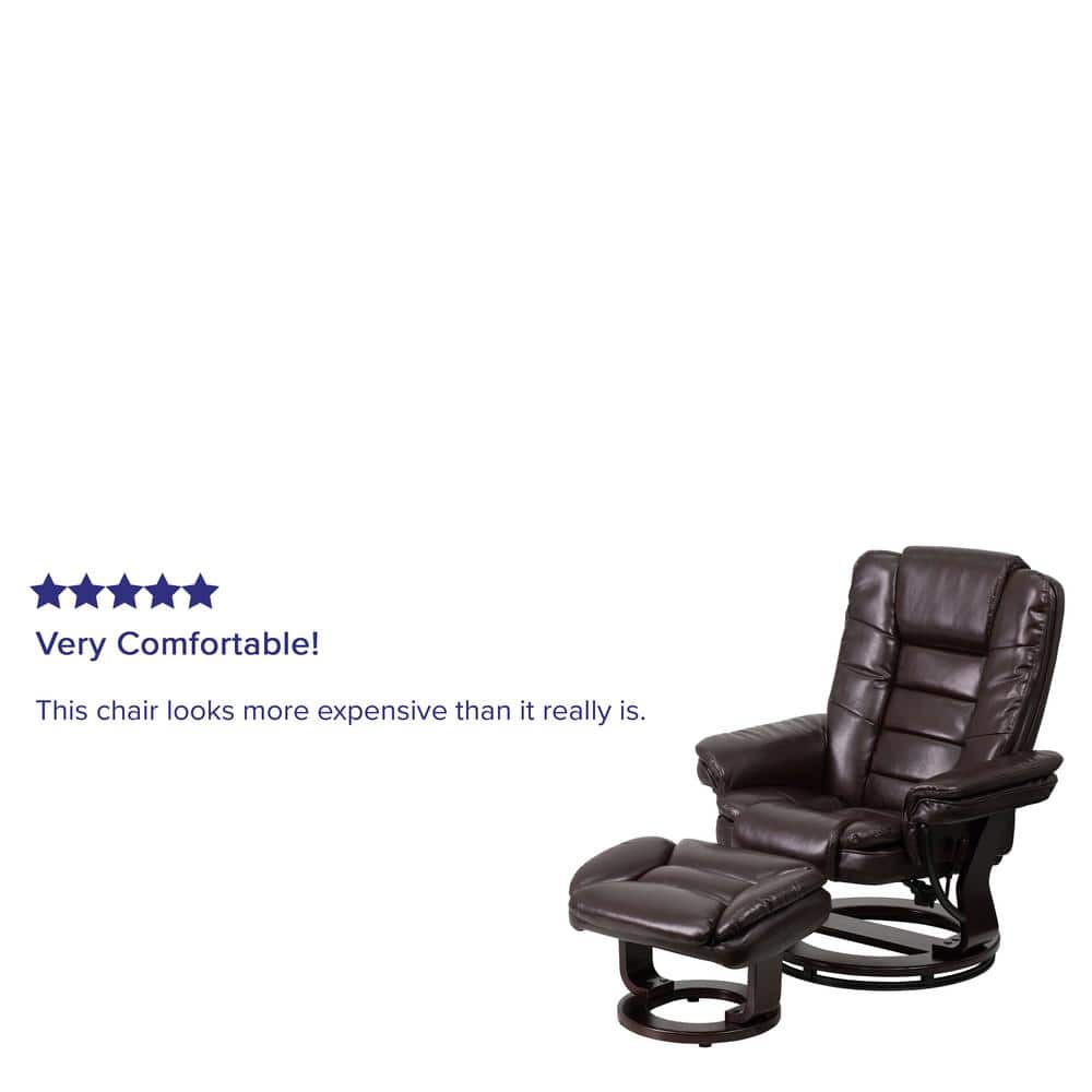 Brown Leather Swivel Recliner with Ottoman and Wood Base