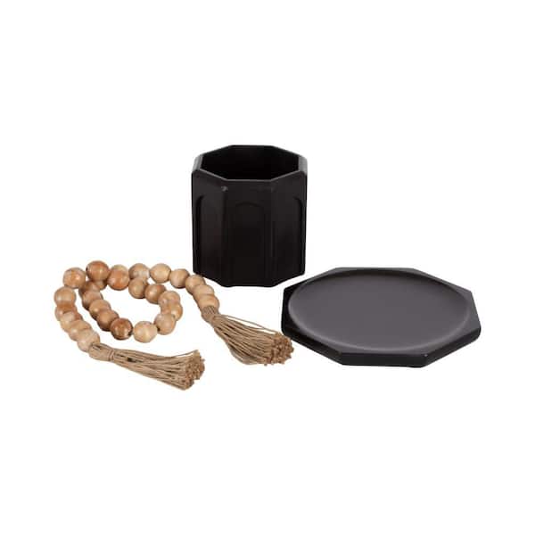 Anaya Natural/Black Round Wood 3 Piece Decorative Table Accessories