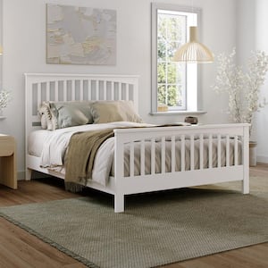 Camilla White Solid Wood Frame Queen Low Profile Platform Bed with Matching Footboard