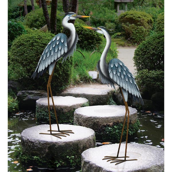 Large Blue Heron Metal Garden Statuary - Looking Down