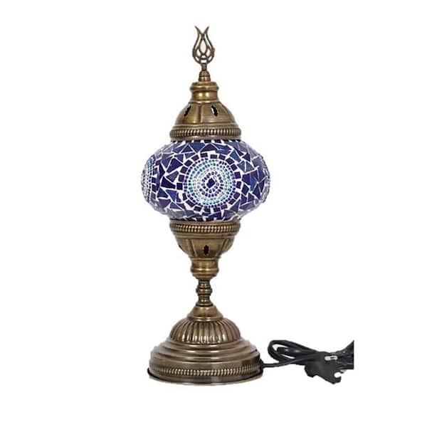 Unbranded 14.5 in. Handmade Blue Center Circle Mosaic Glass Table Lamp with Brass Color Metal Base