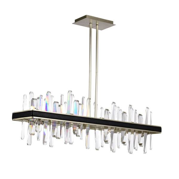 8-Light Champagne Silver and Black PU Leather Linear Kitchen Island Chandelier Light