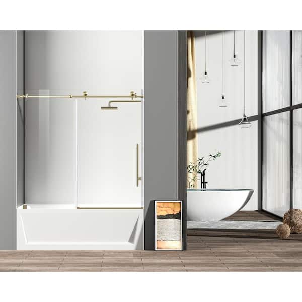 Unbranded Simply Living 60 in. W x 60 in. H Frameless Sliding Tub Door in Brushed Gold with Clear Glass