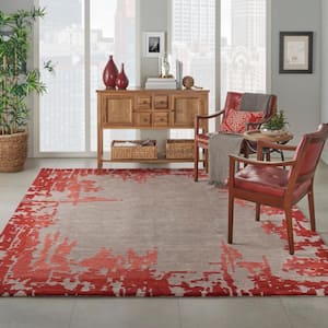 Symmetry Beige/Red 9 ft. x 12 ft. Distressed Contemporary Area Rug