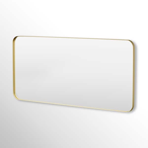 60 in. W x 28 in. H Rectangular Framed Tempered Glass Wall-Mounted Bathroom Vanity Mirror in Gold