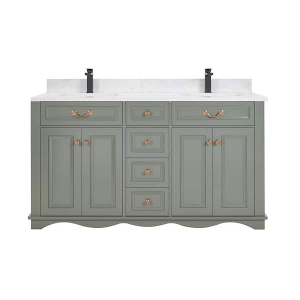 French Contemporary 60 in. Freestanding Pewter Green Bath Vanity with White Artificial Stone Top Assembled Bath Vanity