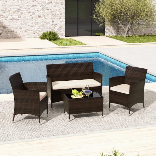 4-Piece Wicker Patio Conversation Set with Light Brown Cushions