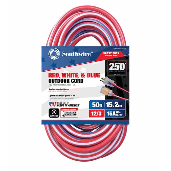 50 ft. 12/3 SJTW Indoor/Outdoor Extension Cord with Lighted End Red / White/Blue