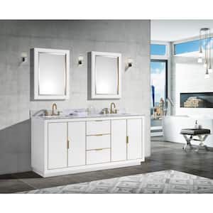 Austen 73 in. W x 22 in. D Bath Vanity in White with Gold Trim with Marble Vanity Top in Carrara White with White Basins