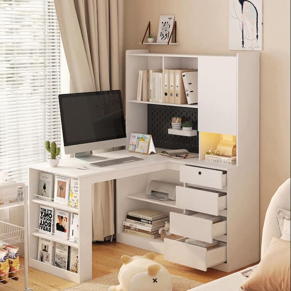 46 in. L-Shaped White1 Wood 4-Drawer Computer Desk with Open Shelves & Charging Station, Left Facing