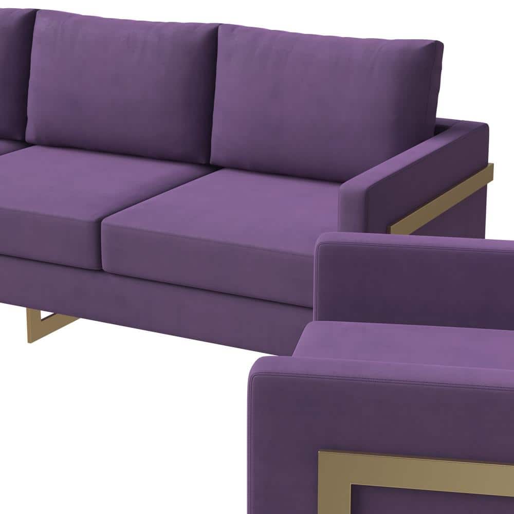 Purple Velvet 3-Piece Sofa Set with Gold Stainless Steel Base