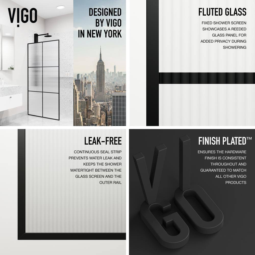 Ventana Matte Black 34" x 74" Framed Shower Screen with Fluted Glass