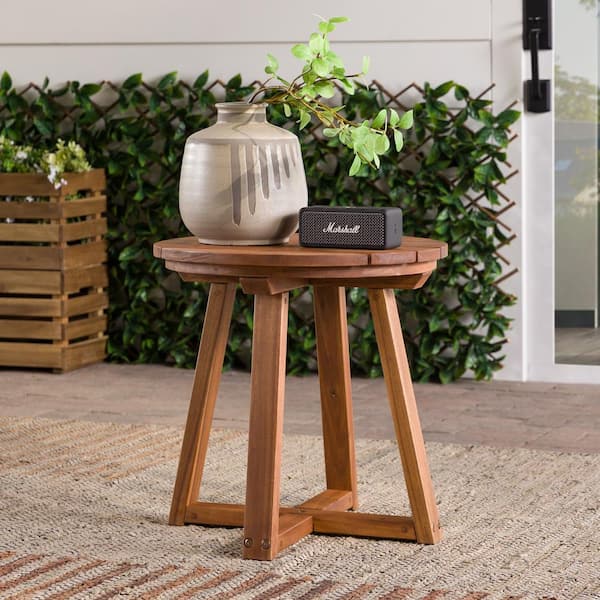Walker Edison Furniture Company Brown Round Wood Modern Outdoor Box-Leg Side Table