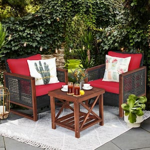 3-Piece Wood Patio Conversation Set with Red Cushion