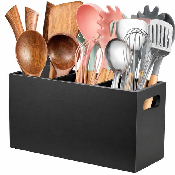 Black Wooden 3 Compartment Utensil Holder for Countertop, Pine Organizer with Handle, Painted Finish