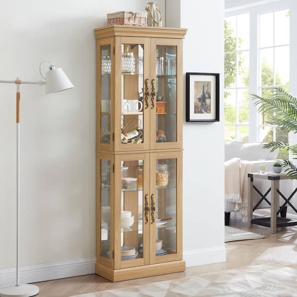 71 in. H Oak Glass Display Cabinet, Accent Storage Cabinet with LED Lighted Curio with Adjustable Shelves and Wood Frame