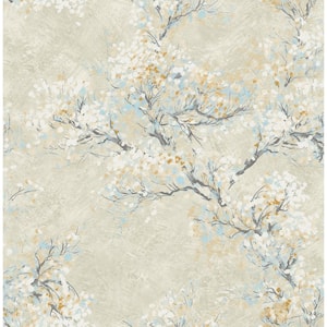 Cherry Blossoms Metallic Champagne, Brown, and Sky Blue Paper Strippable Roll (Covers 56.05 sq. ft.)