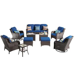 Joyoung Brown 10-Piece Wicker Swivel Outdoor Patio Conversation Seating Set with Navy Blue Cushions