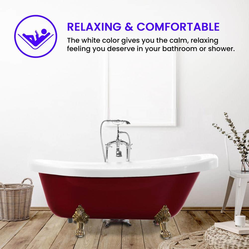 67" Red and White Acrylic Clawfoot Soaking Bathtub