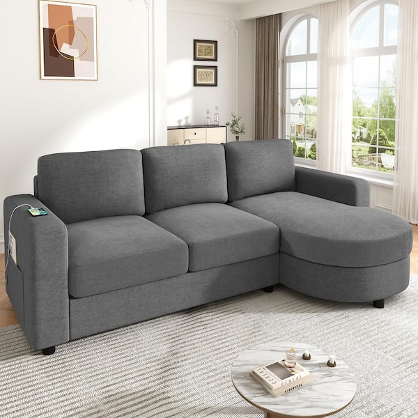 84.6 in W. Chenille Fabric Sofa Sectional Sofa in. Gray with USB Ports, Storage Pockets and Chaise Lounge