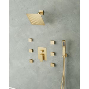 3-Spray Wall Mount Dual Shower Head and Handheld Shower  with 6-Jets in Brushed Gold (Valve Included)
