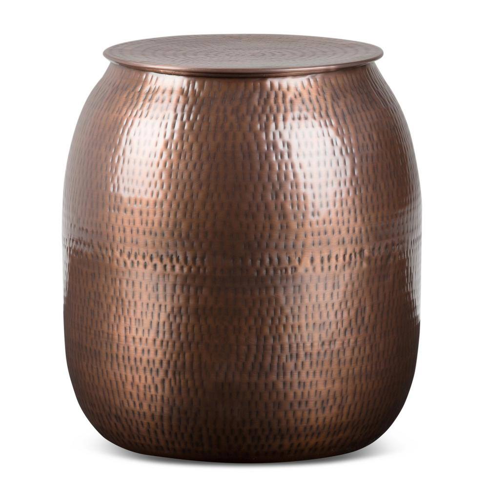 Antique Copper Round Iron Drum Storage Accent Table