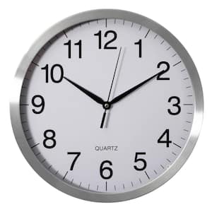 14 in. Round Quartz Wall Clock Non-Ticking Battery Operated with Silent Sweep Movement, Aluminum Silver Frame White Face