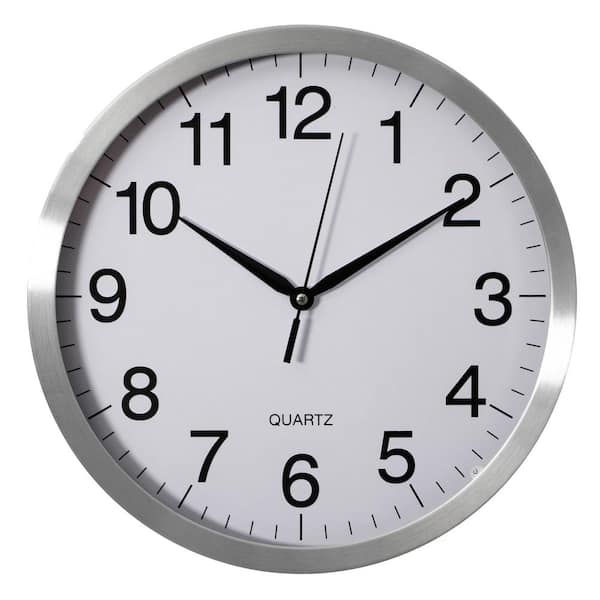 14 in. Round Quartz Wall Clock Non-Ticking Battery Operated with Silent Sweep Movement, Aluminum Silver Frame White Face