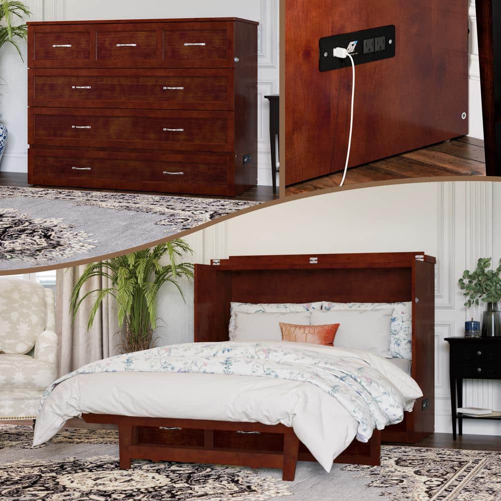 Northfield Walnut Brown Solid Wood Frame Full Murphy Bed with Mattress and Built In Charging Station