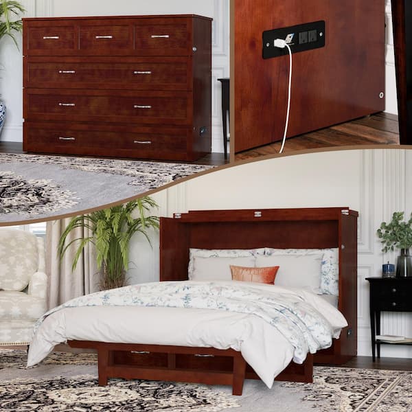 AFI Northfield Walnut Brown Solid Wood Frame Full Murphy Bed with Mattress and Built In Charging Station