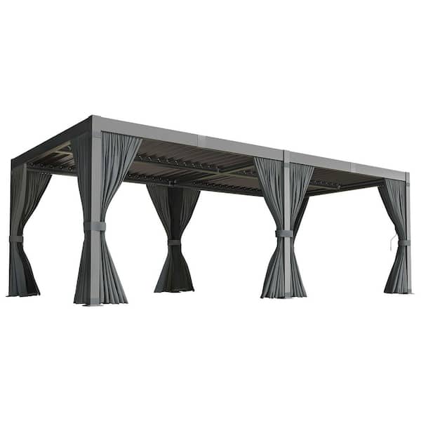 20 ft. W x 10 ft. D Aluminum Modern Pergola with Adjustable Louvered Roof, Waterproof Curtains and Nets