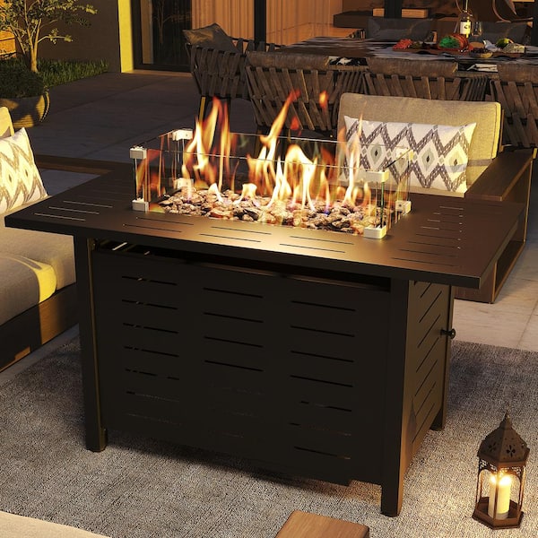 44 in. Outdoor Metal Rectangular Propane Gas Fire Pit Table with Glass Wind Guard and Water-Resistant Cover
