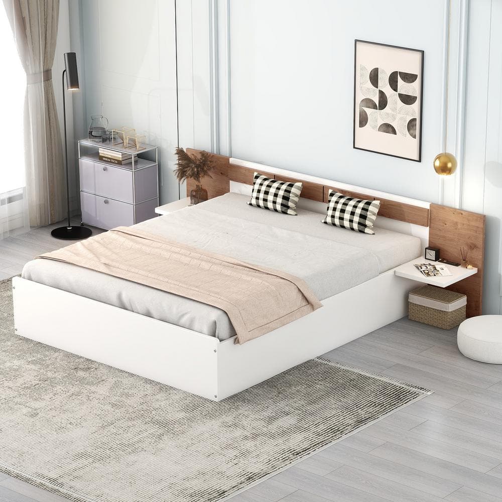 Harper & Bright Designs White Wood Frame Queen Size Platform Bed with ...