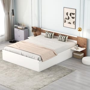 White Wood Frame Queen Size Platform Bed with Headboard, 2-Shelves, USB Ports and Sockets