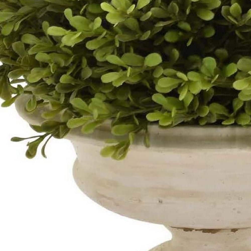 15-Inch Green Faux Boxwood Topiary Plant in Off-White Urn Pot