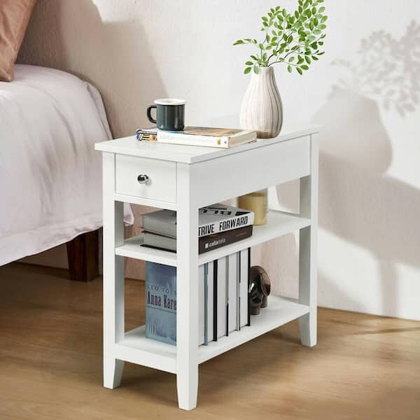 24 in. 3-Tier White Nightstand Side Table with Double Shelves Drawer